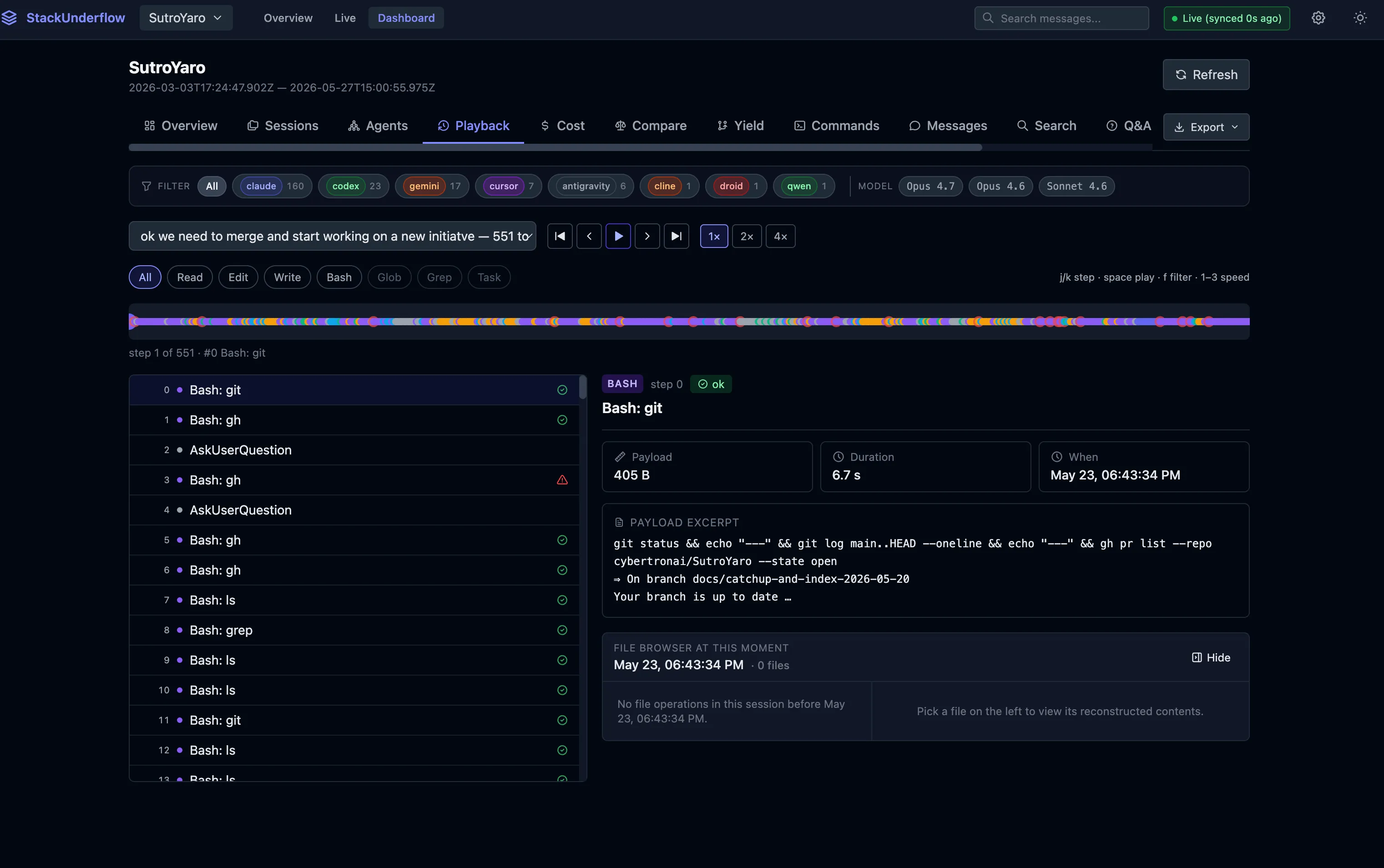 Step-by-step playback with the reconstructed file tree at each moment